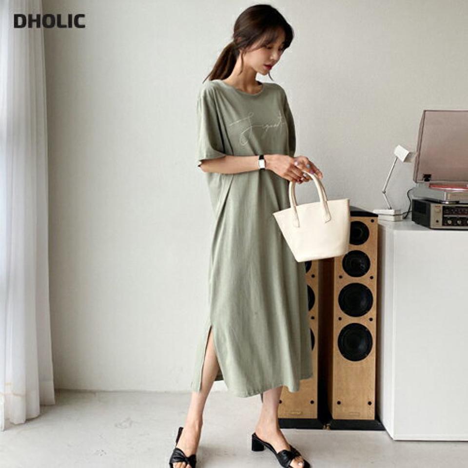 レタリングバックツイストワンピース・全4色・b65354 レディース 【ops】【韓国 ファッション ワンピース ロング ロングワンピース 半袖 Tシャツ スリット ツイスト レタリング Hライン ハーフスリーブ ルーズ ゆったり カジュアル 体型カバー 夏 春】