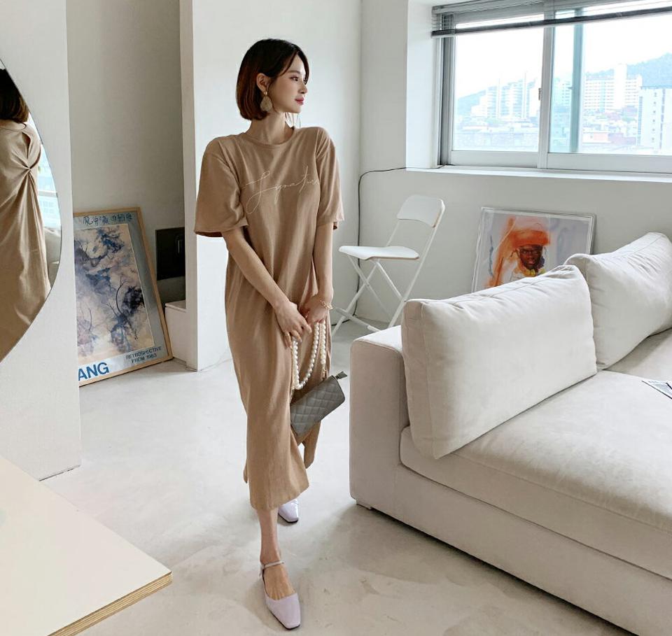 レタリングバックツイストワンピース・全4色・b65354 レディース 【ops】【韓国 ファッション ワンピース ロング ロングワンピース 半袖 Tシャツ スリット ツイスト レタリング Hライン ハーフスリーブ ルーズ ゆったり カジュアル 体型カバー 夏 春】