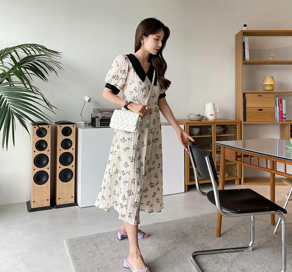 花柄カラーリンクルワンピース・全1色・t65359 レディース 【ops】 韓国 ファッション ワンピース ロング ロングワンピース 半袖 Vネック 花柄 フラワー パターン リンクル フレアスリーブ ルーズ ゆったり カジュアル 体型カバー 夏 春