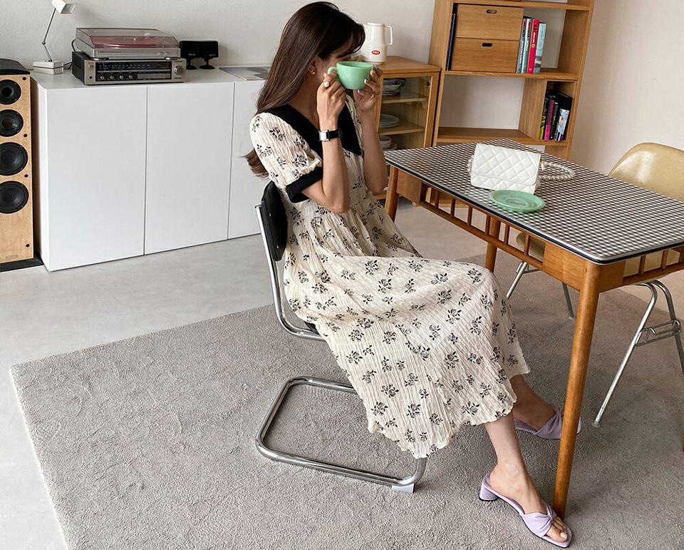 花柄カラーリンクルワンピース・全1色・t65359 レディース 【ops】 韓国 ファッション ワンピース ロング ロングワンピース 半袖 Vネック 花柄 フラワー パターン リンクル フレアスリーブ ルーズ ゆったり カジュアル 体型カバー 夏 春