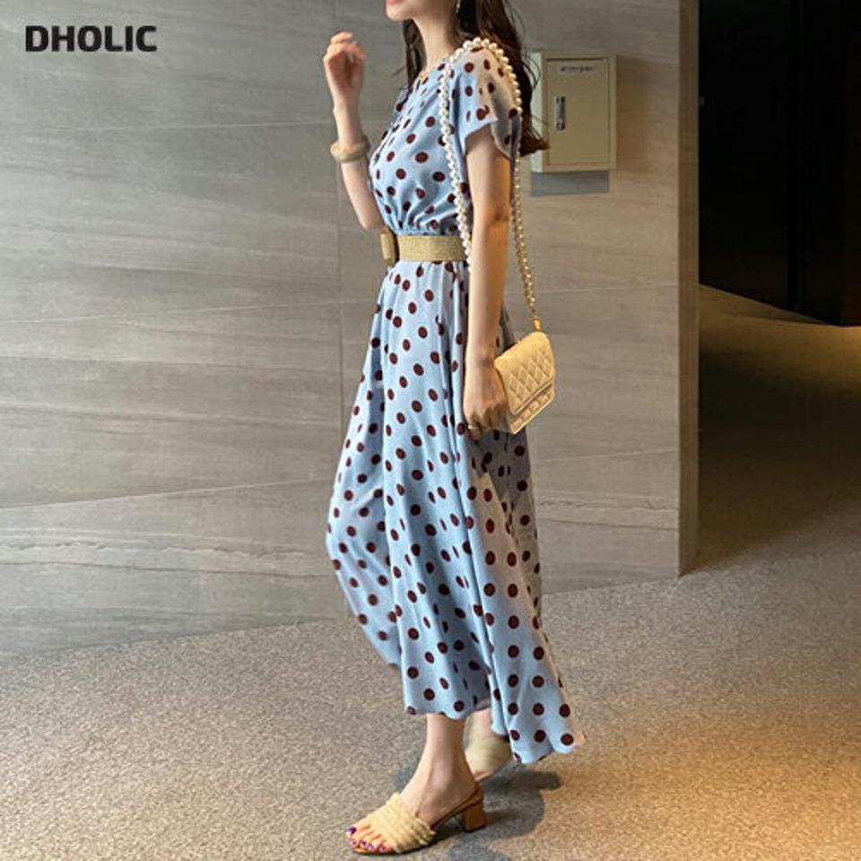 【全品10%OFF】ベルト付ドットVネックワンピース・全2色・b68428 レディース 【ops】【ワンピース ロング ロングワンピース ベルト 半袖 Vネック ドット柄 カジュアル 春 夏 韓国 ファッション】【ハイホリHIHOLLI】