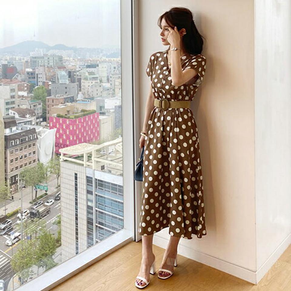 【全品10%OFF】ベルト付ドットVネックワンピース・全2色・b68428 レディース 【ops】【ワンピース ロング ロングワンピース ベルト 半袖 Vネック ドット柄 カジュアル 春 夏 韓国 ファッション】【ハイホリHIHOLLI】