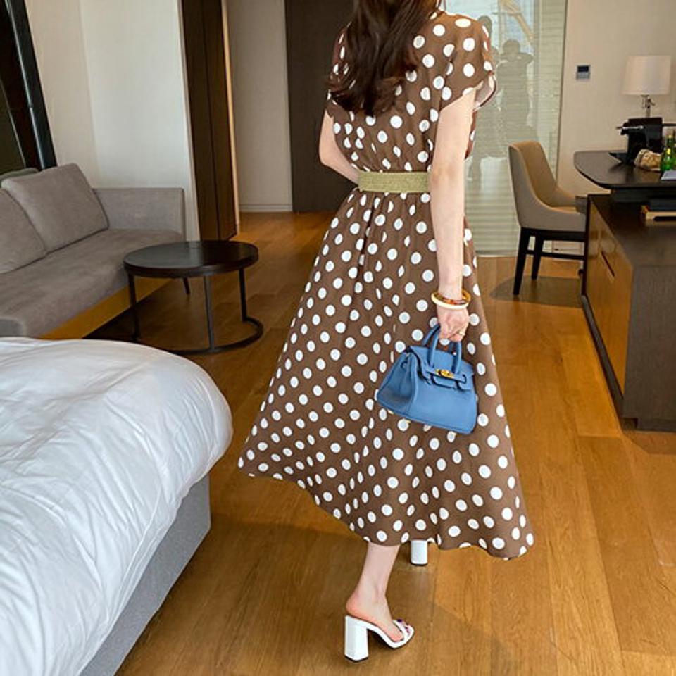 【全品10%OFF】ベルト付ドットVネックワンピース・全2色・b68428 レディース 【ops】【ワンピース ロング ロングワンピース ベルト 半袖 Vネック ドット柄 カジュアル 春 夏 韓国 ファッション】【ハイホリHIHOLLI】