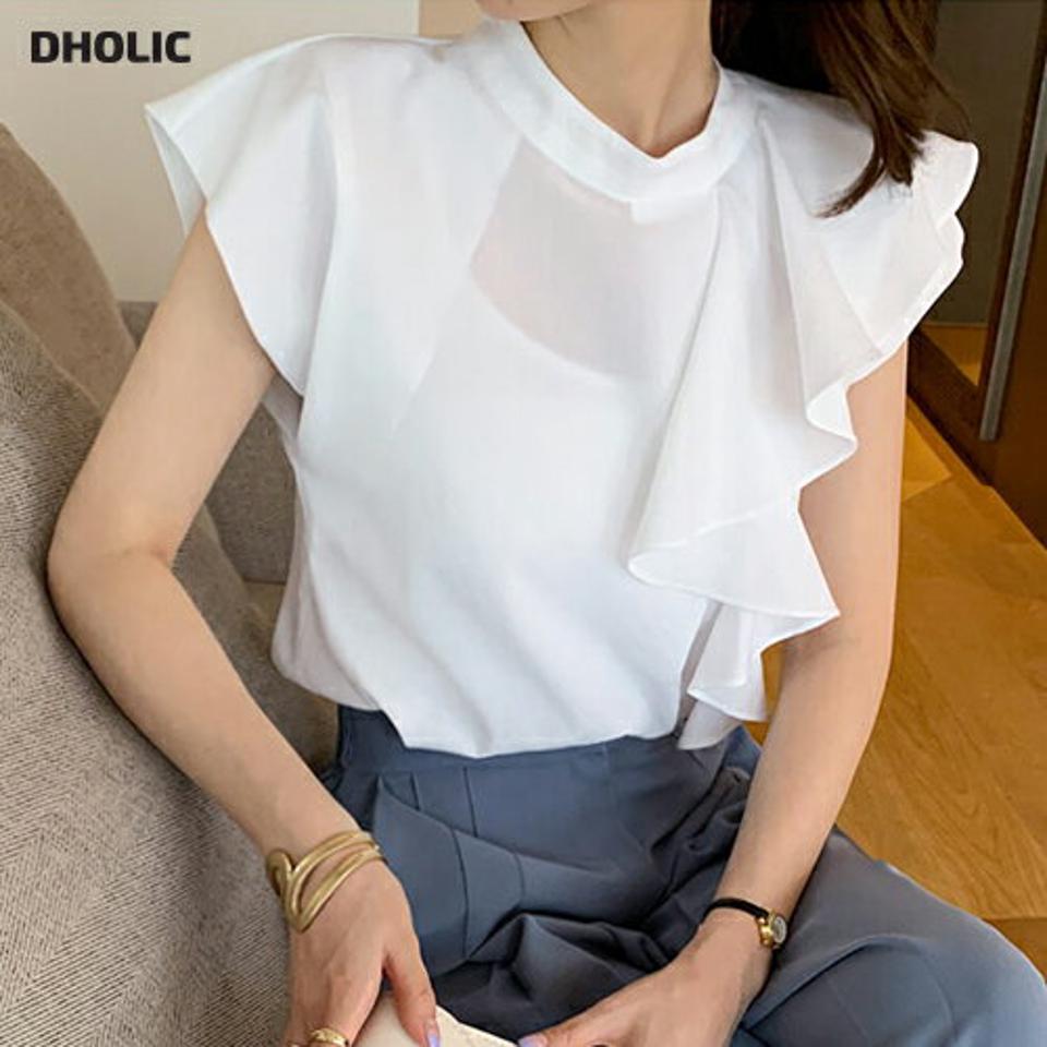 ハーフネックフリルブラウス・全2色・b68421 レディース 【bl】 トプpス ブラウス フリル ハーフネック ショートスリーブ 単色 フェミニン 無地 シンプル フレンチスリーブ アンバランス かわいい 春 夏 韓国ファッション ハイホリHIHOLLI