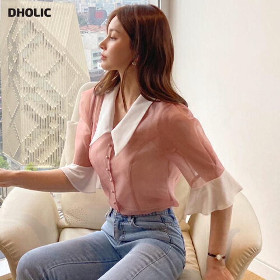 【全品10%OFF】ビッグカラーシアーブラウス・全3色・b68422 レディース 【bl】【トップス ブラウス シアー シースルー 透け感 七分丈 七分袖 7分丈 7分袖 フェミニン パフ袖 パフスリーブ かわいい 春 夏 秋 韓国 ファッション】【ハイホリHIHOLLI】