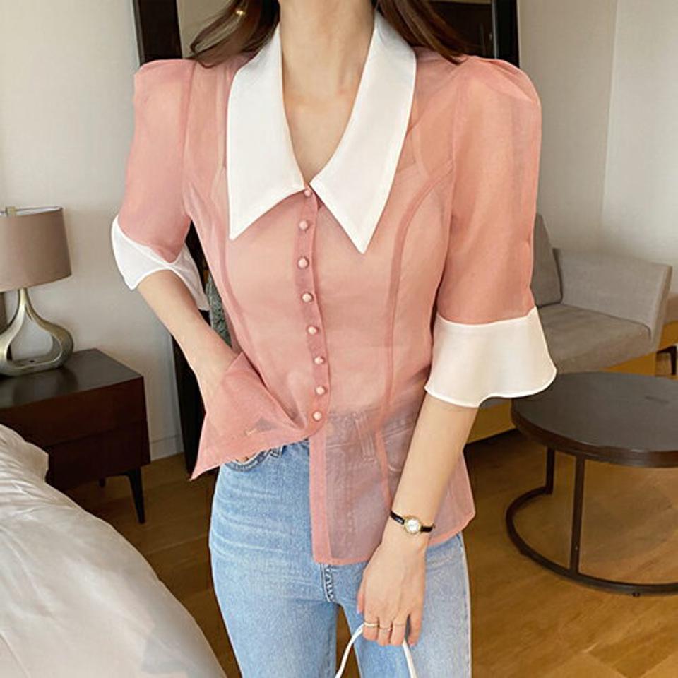 【全品10%OFF】ビッグカラーシアーブラウス・全3色・b68422 レディース 【bl】【トップス ブラウス シアー シースルー 透け感 七分丈 七分袖 7分丈 7分袖 フェミニン パフ袖 パフスリーブ かわいい 春 夏 秋 韓国 ファッション】【ハイホリHIHOLLI】