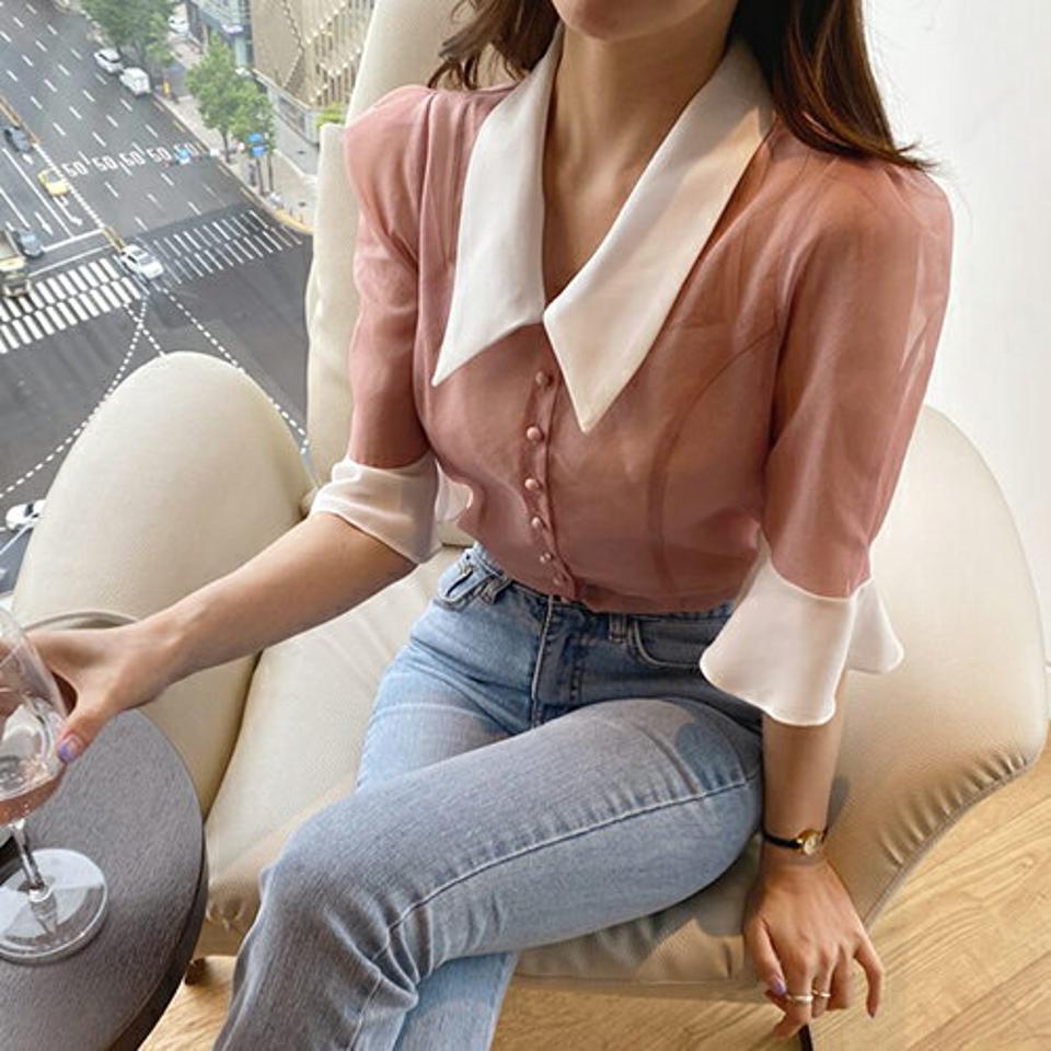 【全品10%OFF】ビッグカラーシアーブラウス・全3色・b68422 レディース 【bl】【トップス ブラウス シアー シースルー 透け感 七分丈 七分袖 7分丈 7分袖 フェミニン パフ袖 パフスリーブ かわいい 春 夏 秋 韓国 ファッション】【ハイホリHIHOLLI】