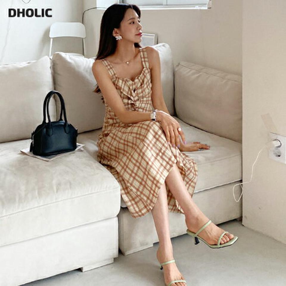 チェックスリーブレスワンピース・全2色・t65353 レディース 【ops】 韓国 ファッション ワンピース ロング ロングワンピース チェック柄 ガーリー スリーブレス レイヤード ツイスト ボリューム Aライン スリム フィット カジュアル 体型カバー 夏 春