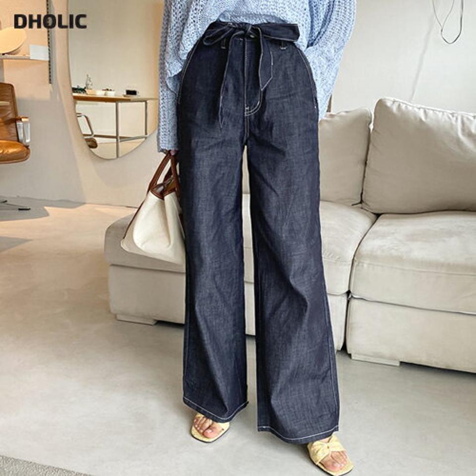 ストラップ付ステッチデニムパンツ・全1色・t65368 レディース 【pt】 韓国 ファッション ボトムス ロング ロングパンツ 美脚 デニム ワイド ステッチ ストラップ ベルト ストレート 大人 スリム 10分丈 体型カーバー 細身 ルーズ 夏 春