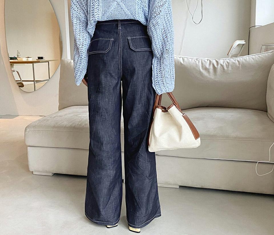 ストラップ付ステッチデニムパンツ・全1色・t65368 レディース 【pt】 韓国 ファッション ボトムス ロング ロングパンツ 美脚 デニム ワイド ステッチ ストラップ ベルト ストレート 大人 スリム 10分丈 体型カーバー 細身 ルーズ 夏 春