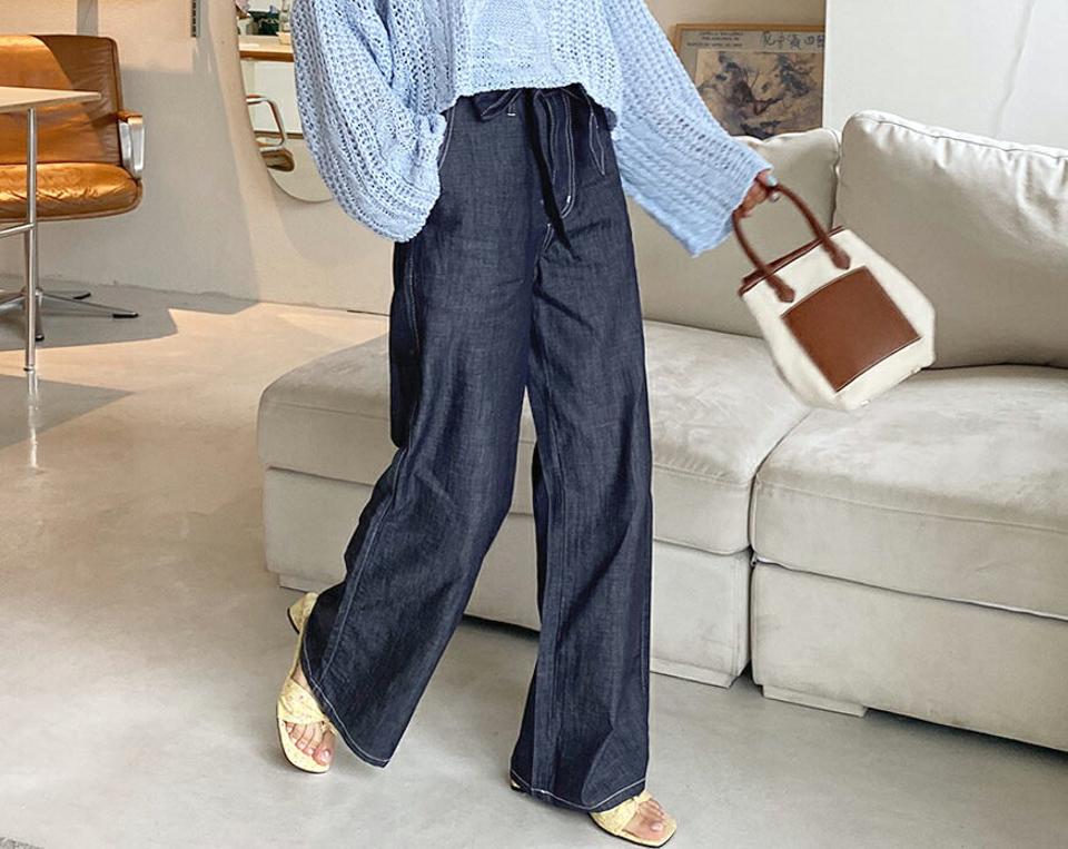 ストラップ付ステッチデニムパンツ・全1色・t65368 レディース 【pt】 韓国 ファッション ボトムス ロング ロングパンツ 美脚 デニム ワイド ステッチ ストラップ ベルト ストレート 大人 スリム 10分丈 体型カーバー 細身 ルーズ 夏 春