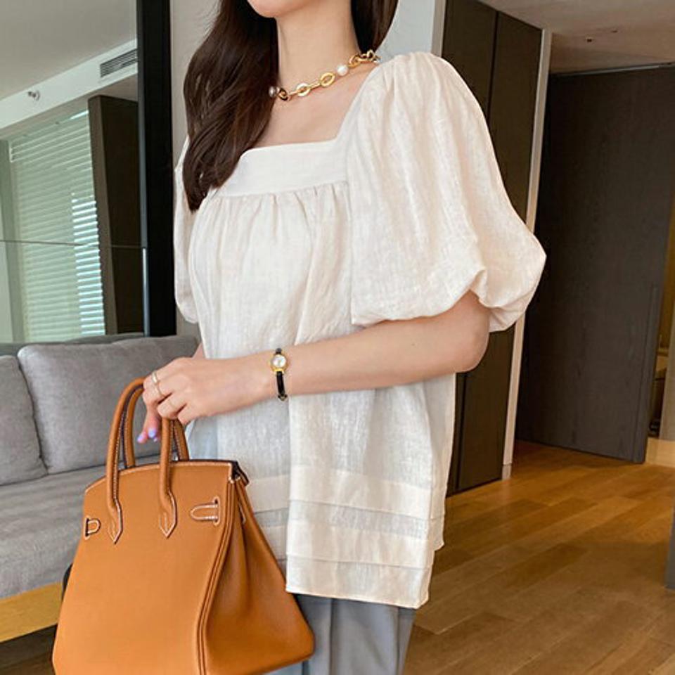 スクエアパフブラウス・全3色・t68423 レディース 【bl】 トップス ブラウス 半袖 ハーフスリーブ パフ袖 パフスリーブ スクエアネック シンプル 大人 リネン 春 夏 韓国 ファッション ハイホリHIHOLLI