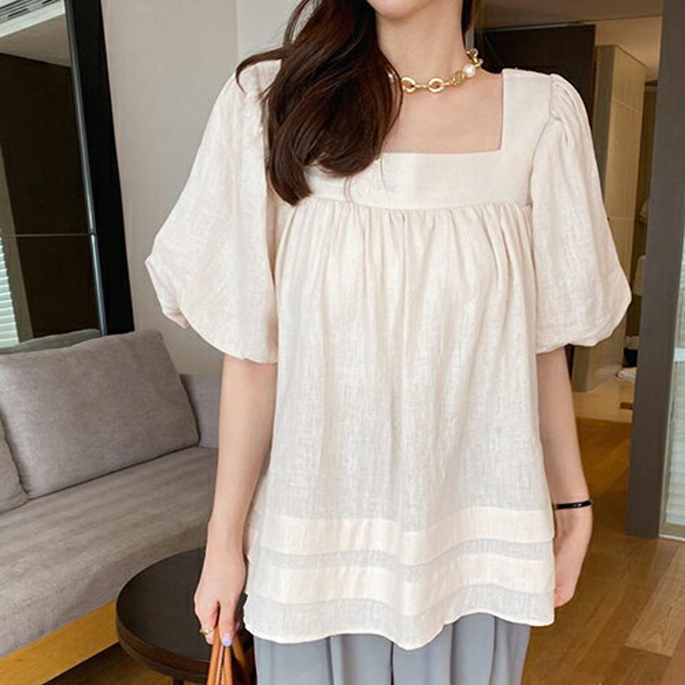 スクエアパフブラウス・全3色・t68423 レディース 【bl】 トップス ブラウス 半袖 ハーフスリーブ パフ袖 パフスリーブ スクエアネック シンプル 大人 リネン 春 夏 韓国 ファッション ハイホリHIHOLLI