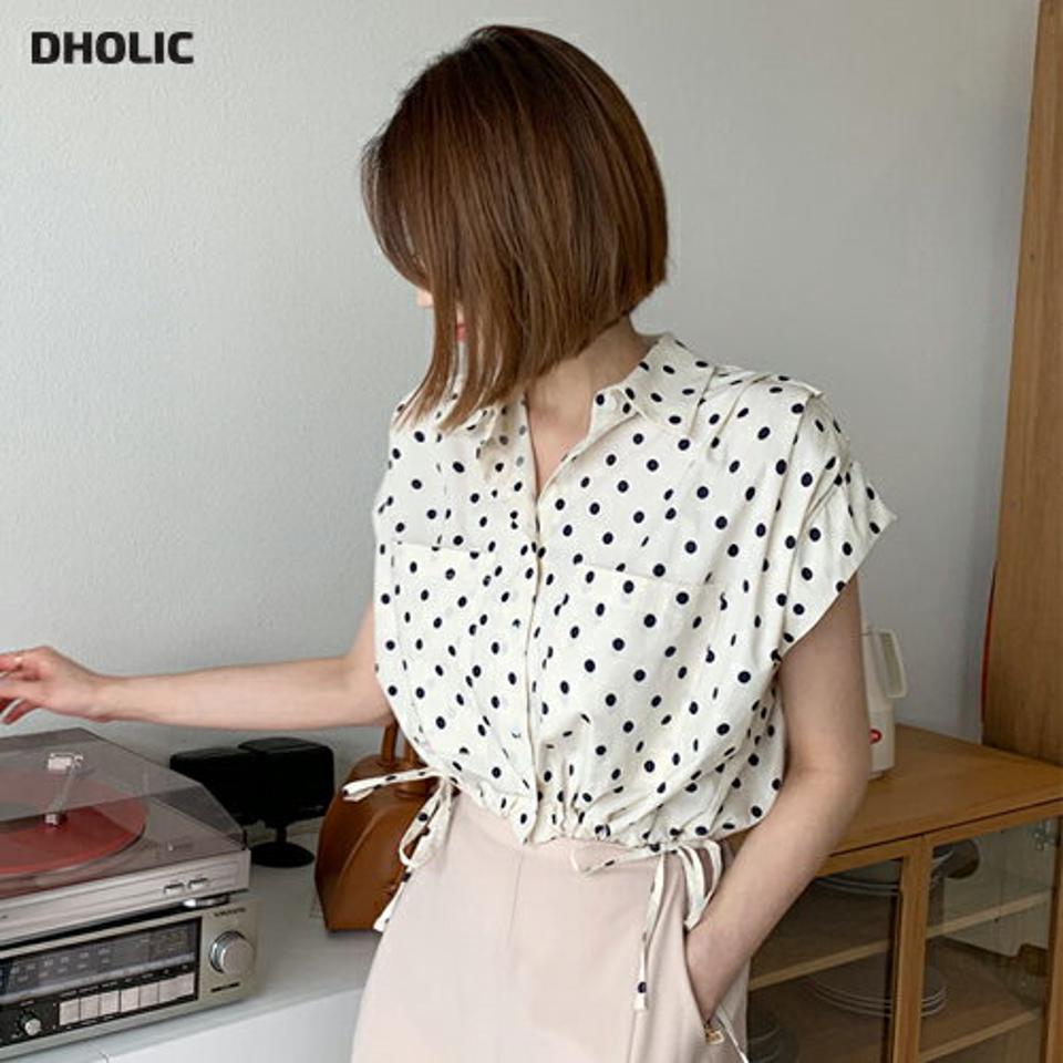 2TYPEタックブラウスシャツ・全4色・t65352 レディース 【bl】 韓国 ファッション トップス シャツ 半袖 ストリング 無地 ドット クロップド丈 シースルー フレンチスリーブ フェミニン 体型カバー スリム 細身 夏 春