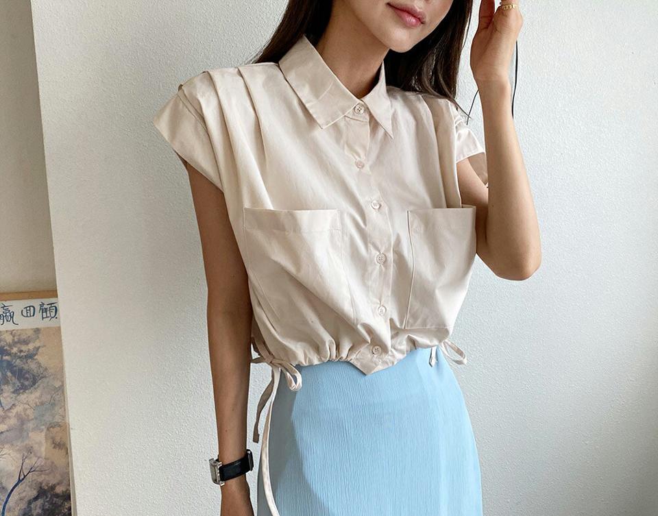 2TYPEタックブラウスシャツ・全4色・t65352 レディース 【bl】 韓国 ファッション トップス シャツ 半袖 ストリング 無地 ドット クロップド丈 シースルー フレンチスリーブ フェミニン 体型カバー スリム 細身 夏 春