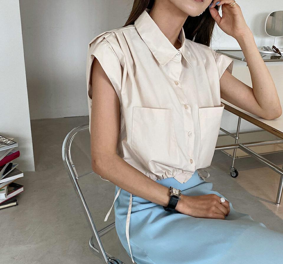 2TYPEタックブラウスシャツ・全4色・t65352 レディース 【bl】 韓国 ファッション トップス シャツ 半袖 ストリング 無地 ドット クロップド丈 シースルー フレンチスリーブ フェミニン 体型カバー スリム 細身 夏 春