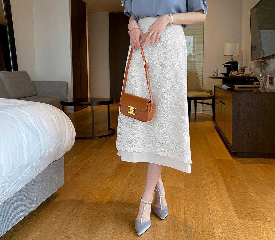 レイヤードレースバックゴムスカート・全2色・b68432 レディース 【sk】【スカート ロング ロングスカート レイヤード レース 総レース フェミニン きれいめ 大人 上品 Aライン スカラップ 春 夏 秋 韓国 ファッション】【ハイホリHIHOLLI】