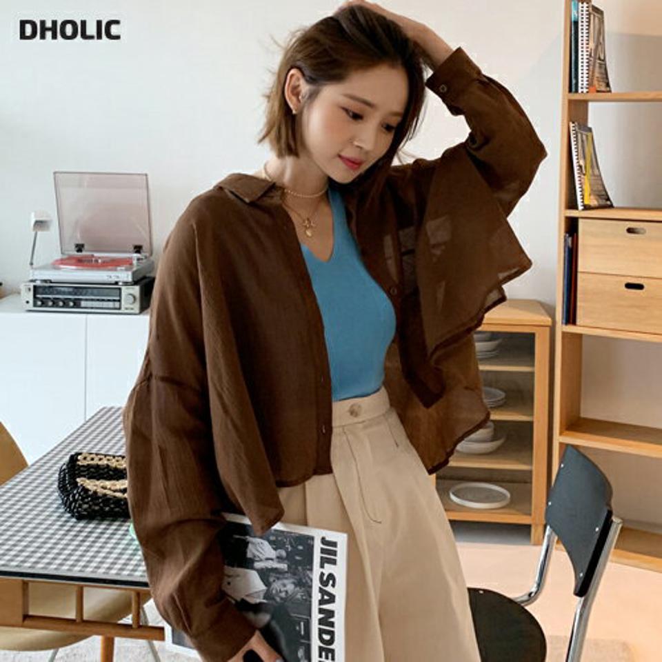 バックフレアクロップドシャツ・全3色・t65351 レディース 【bl】 韓国 ファッション トップス シャツ 長袖 シアー レイヤード風 シースルー 抜け感 クロップド丈 フェミニン 体型カバー スリム 細身 夏 春