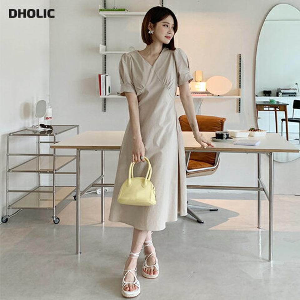 ギャザーパフワンピース・全5色・t65356 レディース 【ops】【韓国 ファッション ワンピース ロング ロングワンピース 半袖 Vネック パフスリーブ V字 ギャザー フレア リボン ハーフスリーブ スリム ゆったり カジュアル 体型カバー 夏 春】