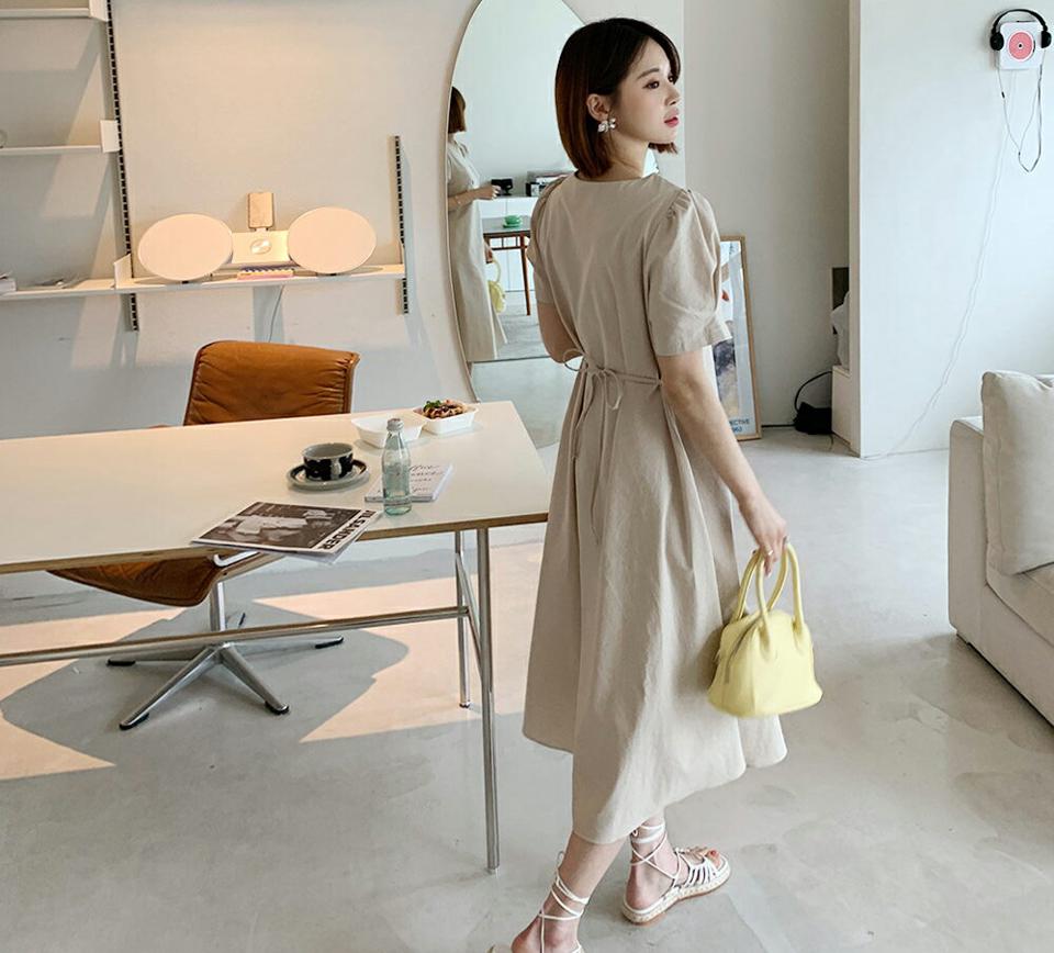 ギャザーパフワンピース・全5色・t65356 レディース 【ops】【韓国 ファッション ワンピース ロング ロングワンピース 半袖 Vネック パフスリーブ V字 ギャザー フレア リボン ハーフスリーブ スリム ゆったり カジュアル 体型カバー 夏 春】