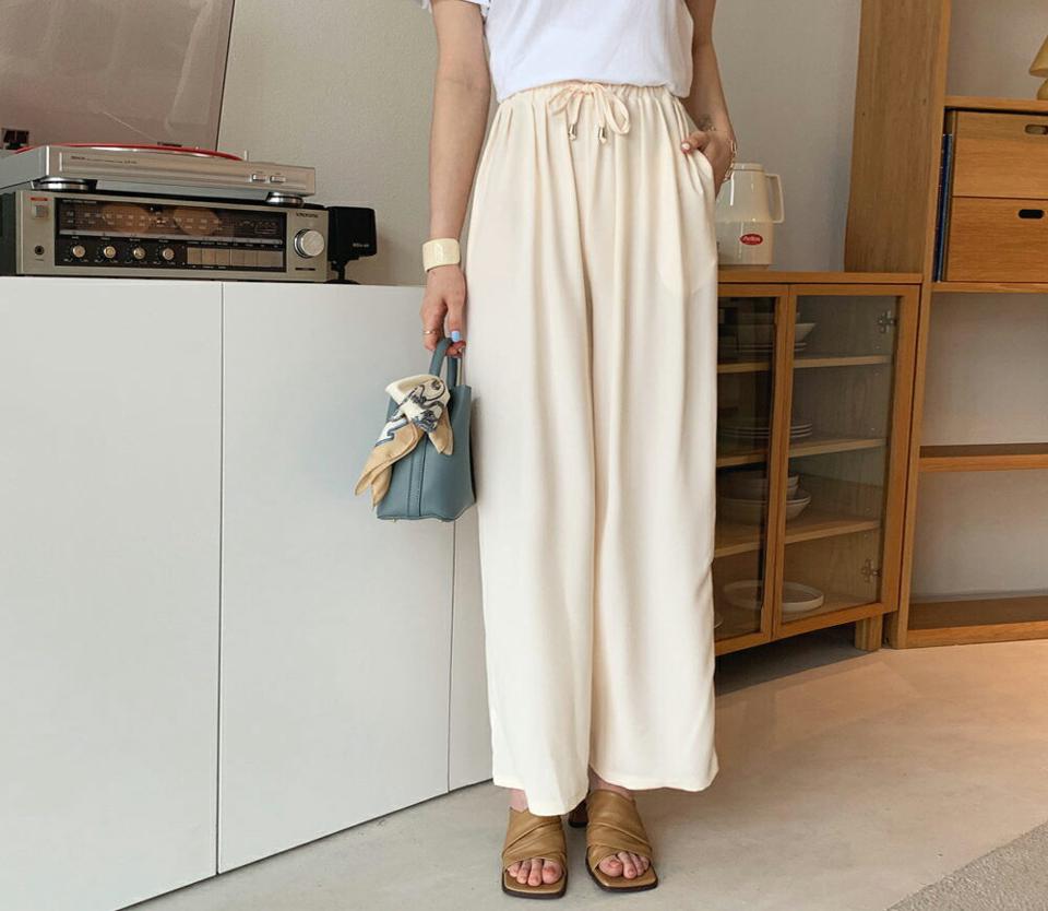 ドロストワイドパンツ・全4色・t65363 レディース 【pt】【韓国 ファッション ボトムス ロング ロングパンツ 美脚 ゴム ストリング フィット ハイウエスト 足長 ワイド ストレート 大人 スリム 10分丈 体型カーバー 細身 夏 春】