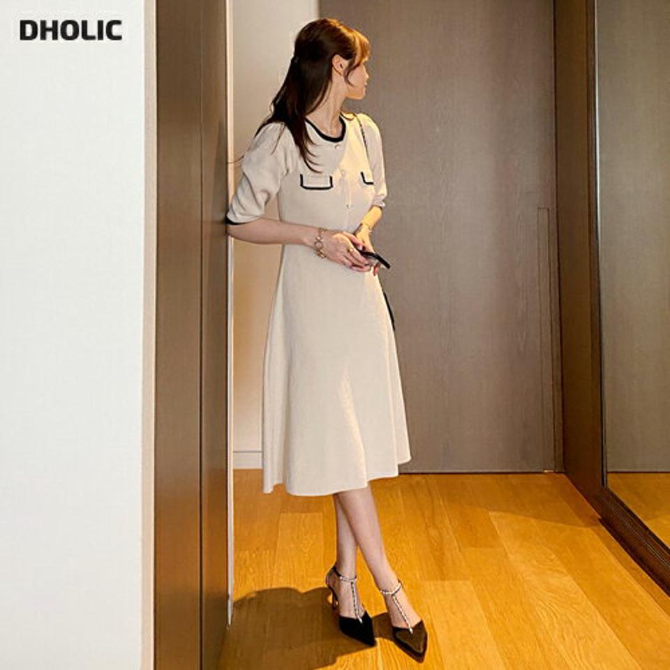 配色ボタンニットワンピース・全2色・b68427 レディース 【ops】【ワンピース ミディ丈 ミディワンピース 半袖 ハーフスリーブ ニット 配色 大人 きれいめ モダン 春 夏 韓国 ファッション】【ハイホリHIHOLLI】