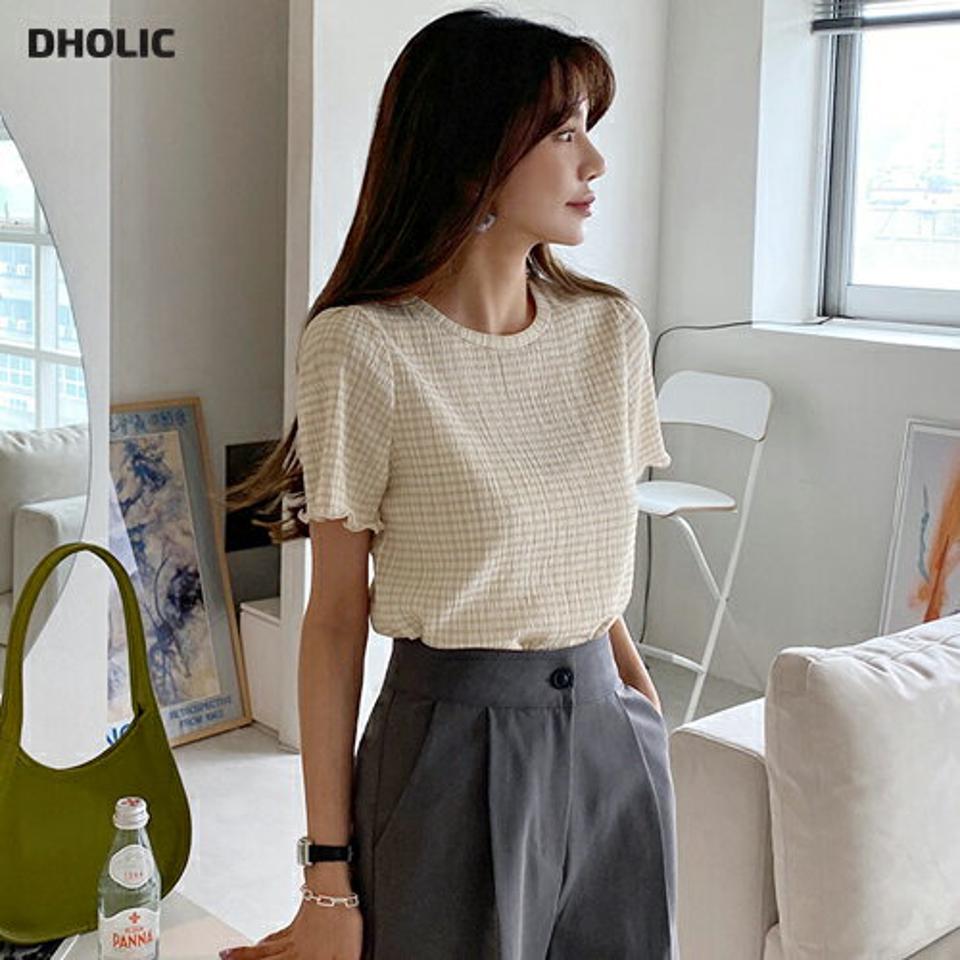 ≪人気商品再入荷≫チェックパターン半袖ブラウス・全5色・t65348 レディース 【bl】韓国ファッション トップス ブラウス 半袖 チェック パターン ガーリー ラウンドネック ウェーブ フェミニン ボリューム 体型カバー スリム フィット 夏 春