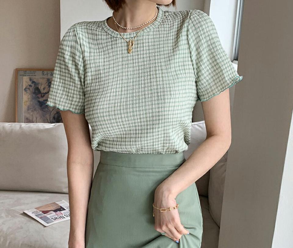 ≪人気商品再入荷≫チェックパターン半袖ブラウス・全5色・t65348 レディース 【bl】韓国ファッション トップス ブラウス 半袖 チェック パターン ガーリー ラウンドネック ウェーブ フェミニン ボリューム 体型カバー スリム フィット 夏 春