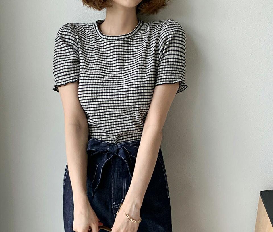 ≪人気商品再入荷≫チェックパターン半袖ブラウス・全5色・t65348 レディース 【bl】韓国ファッション トップス ブラウス 半袖 チェック パターン ガーリー ラウンドネック ウェーブ フェミニン ボリューム 体型カバー スリム フィット 夏 春