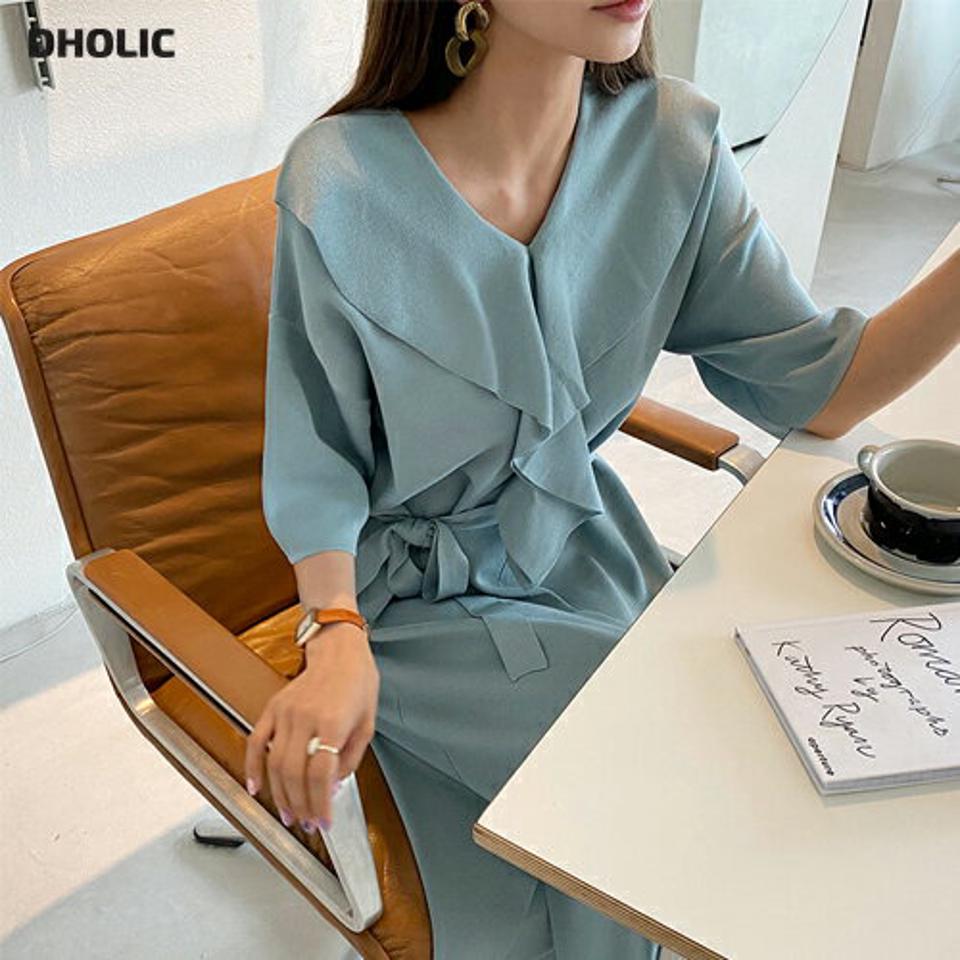 ストラップ付フリルニットワンピース・全5色・b65355 レディース 【ops】【韓国 ファッション ワンピース ロング ロングワンピース 半袖 Vネック フリル ニット 2WAY ストラップ フレア 7分丈 スリーブ ルーズ ゆったり カジュアル 体型カバー 夏 春】