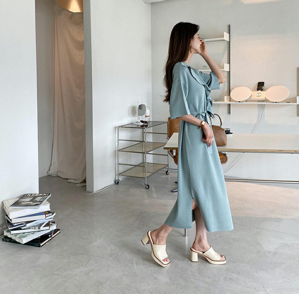 ストラップ付フリルニットワンピース・全5色・b65355 レディース 【ops】【韓国 ファッション ワンピース ロング ロングワンピース 半袖 Vネック フリル ニット 2WAY ストラップ フレア 7分丈 スリーブ ルーズ ゆったり カジュアル 体型カバー 夏 春】