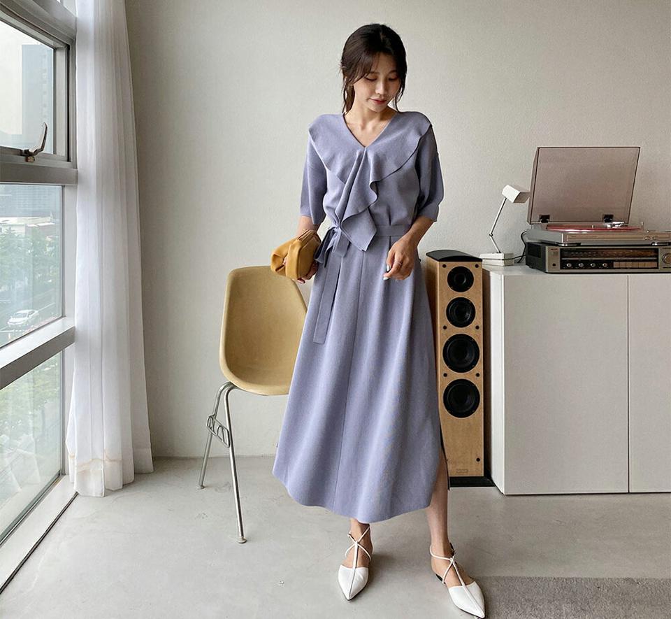 ストラップ付フリルニットワンピース・全5色・b65355 レディース 【ops】【韓国 ファッション ワンピース ロング ロングワンピース 半袖 Vネック フリル ニット 2WAY ストラップ フレア 7分丈 スリーブ ルーズ ゆったり カジュアル 体型カバー 夏 春】