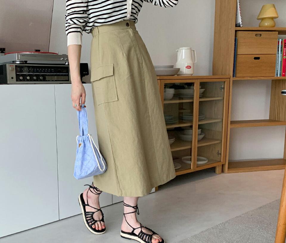 リネン混カーゴポケットスカート・全4色・t65367 レディース 【sk】 韓国 ファッション ボトムス スカート ロング ロングスカート シンプル リネン カーゴ ルーズ ゆったり 大人 ベーシック 無地 足長 カジュアル フェミニン 体型カバー 細身 夏 春