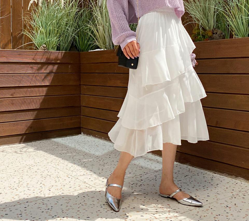 ティアードシフォンスカート・全4色・b65188 レディース 【sk】 韓国 ファッション ボトムス スカート ロング ロングスカート シンプル Aライン 大人 ティアード ゴム シフォン カジュアル フェミニン 体型カバー 細身 夏 春