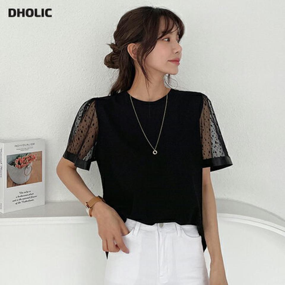 ドットシアースリーブTシャツ・全2色・b65157 レディース 【tops】 韓国 ファッション トップス Tシャツ 半袖 デイリー フレア ラウンドネック ドット シースルー 光沢 ショートスリーブ ベーシック 体型カーバー 細身 夏 春