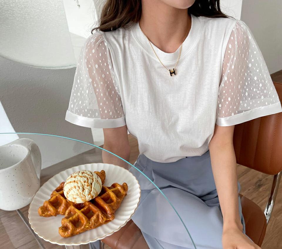 ドットシアースリーブTシャツ・全2色・b65157 レディース 【tops】 韓国 ファッション トップス Tシャツ 半袖 デイリー フレア ラウンドネック ドット シースルー 光沢 ショートスリーブ ベーシック 体型カーバー 細身 夏 春
