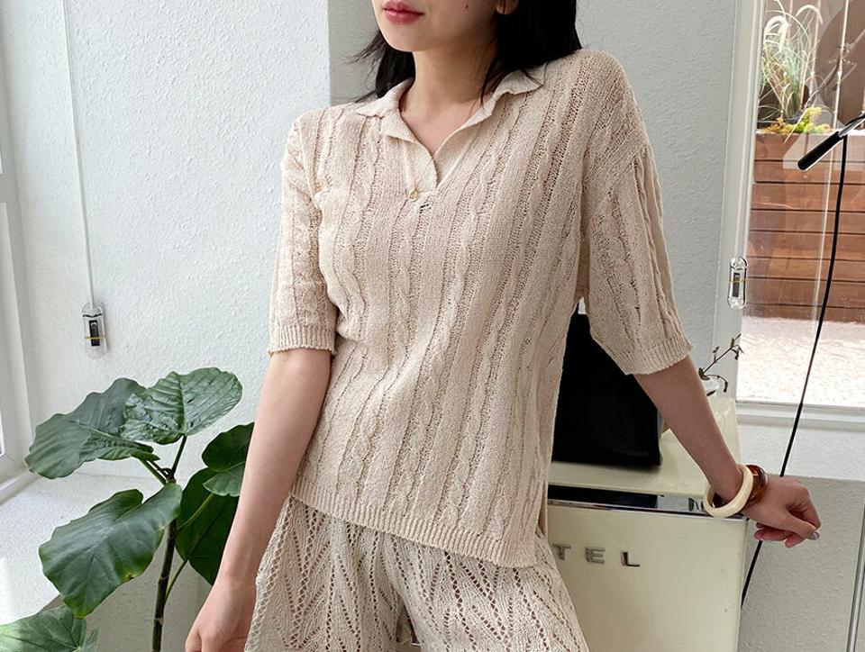【只今10%OFF】カラーケーブルニット・全6色・t64176 レディース 【tops】【韓国 ファッション トップス ニット やわらかい 半袖 アンバランス ハーフスリーブ ケーブル ベーシック 細身 カジュアル 体型カーバー 春 夏】【NIJU】