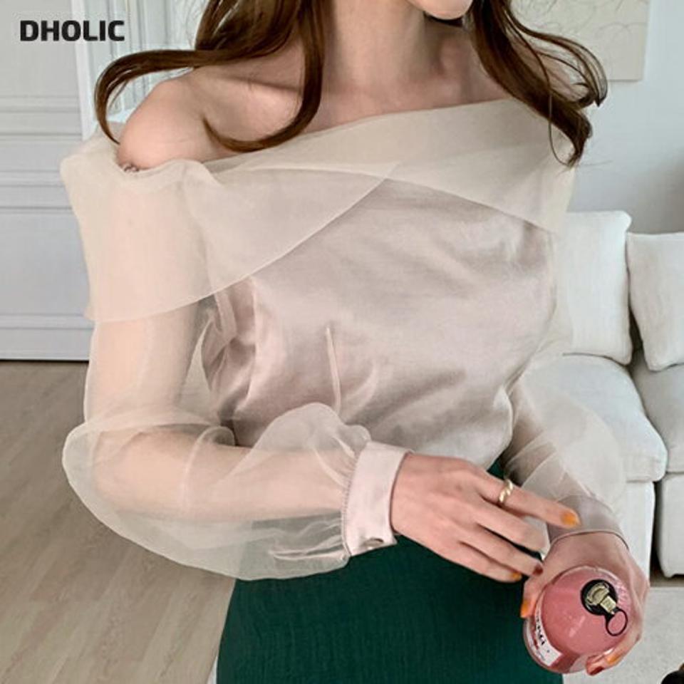 オーガンジーオフショルブラウス・全4色・b68390 レディース 【bl】【トップス ブラウス オフショルダー オーガンジー 鎖骨 デコルテ 透け感 シアー シースルー フェミニン シフォン きれいめ セクシー 長袖 春 夏 秋】【ハイホリHIHOLLI】