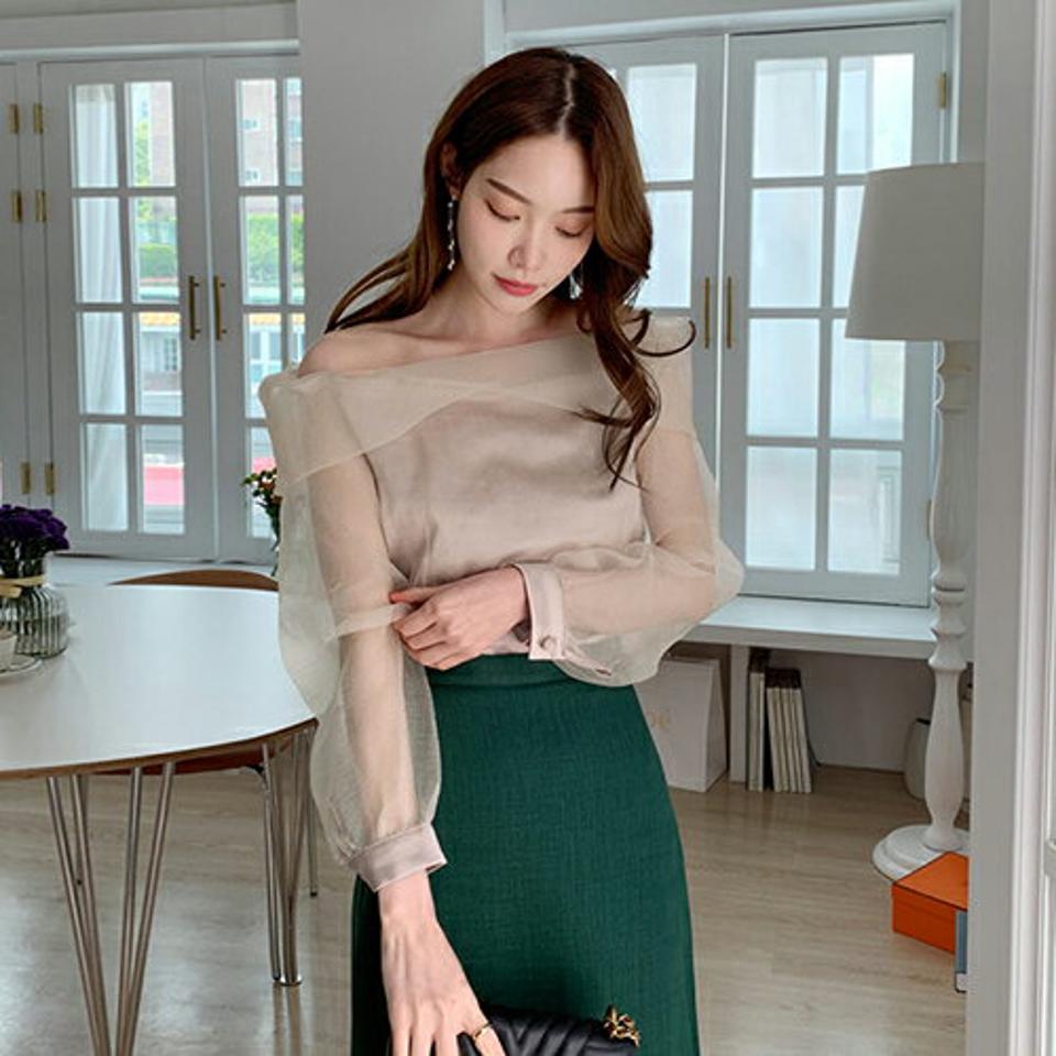 オーガンジーオフショルブラウス・全4色・b68390 レディース 【bl】【トップス ブラウス オフショルダー オーガンジー 鎖骨 デコルテ 透け感 シアー シースルー フェミニン シフォン きれいめ セクシー 長袖 春 夏 秋】【ハイホリHIHOLLI】