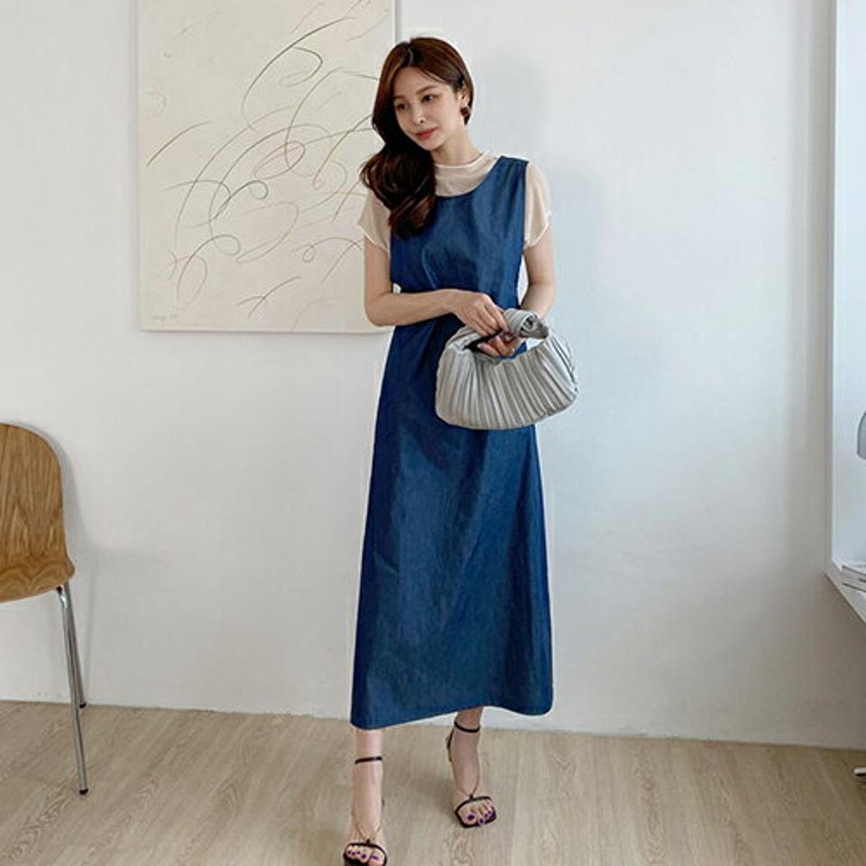 【全品10%OFF】バッククロスデニムワンピース・全2色・t68396 レディース 【ops】【ワンピース ロング デニム バッククロス スリーブレス ノースリーブ シンプル カジュアル ラフ 春 夏】【ハイホリHIHOLLI】