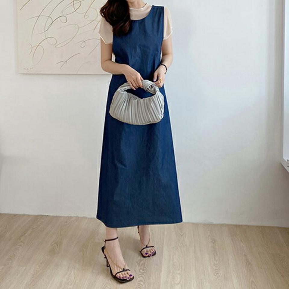 【全品10%OFF】バッククロスデニムワンピース・全2色・t68396 レディース 【ops】【ワンピース ロング デニム バッククロス スリーブレス ノースリーブ シンプル カジュアル ラフ 春 夏】【ハイホリHIHOLLI】