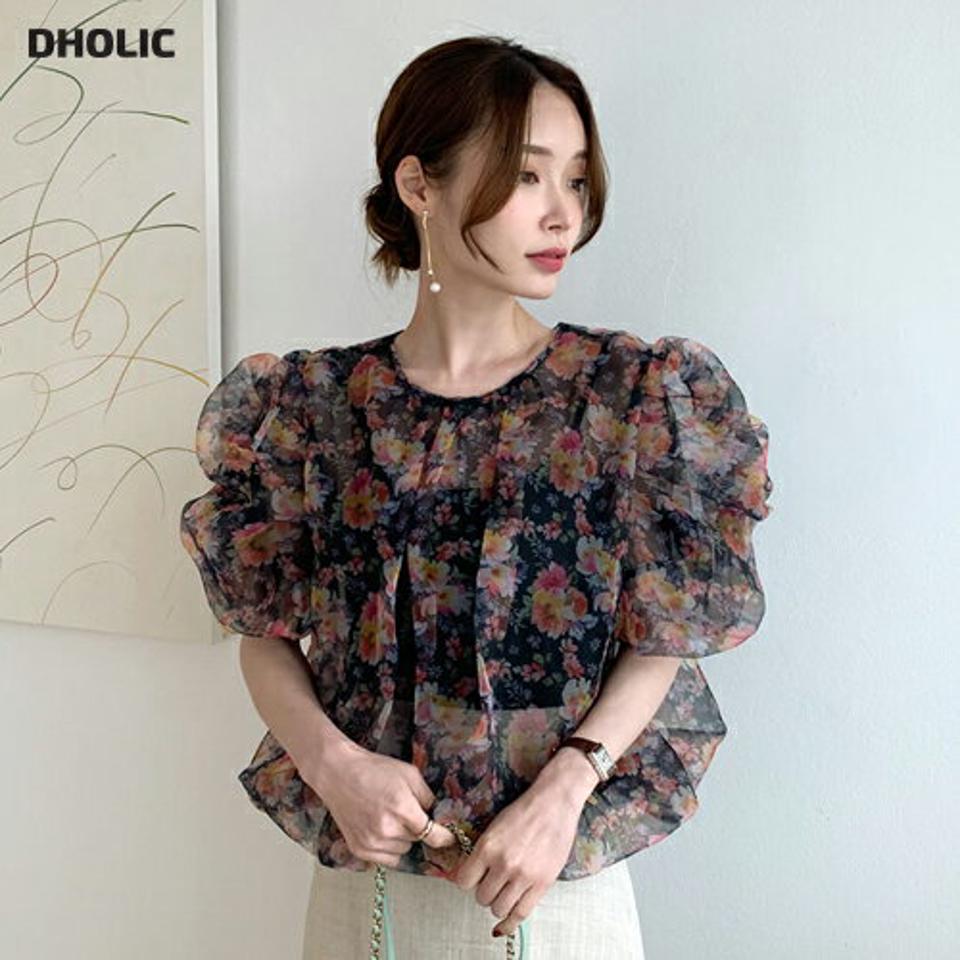 オーガンジー花柄パフブラウス・全2色・t68402 レディース 【bl】【トップス ブラウス 半袖 ハーフスリーブ 花柄 フラワー オーガンジー 透け感 シアー シースルー パフ袖 パフスリーブ フェミニン 大人 春 夏】【ハイホリHIHOLLI】
