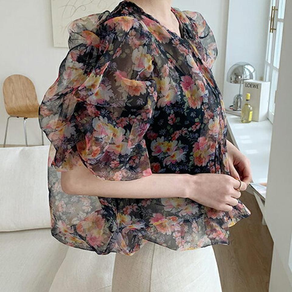 オーガンジー花柄パフブラウス・全2色・t68402 レディース 【bl】【トップス ブラウス 半袖 ハーフスリーブ 花柄 フラワー オーガンジー 透け感 シアー シースルー パフ袖 パフスリーブ フェミニン 大人 春 夏】【ハイホリHIHOLLI】