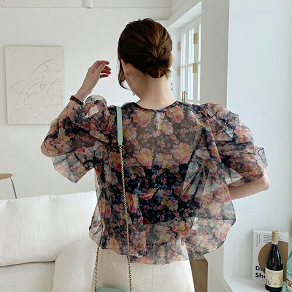 オーガンジー花柄パフブラウス・全2色・t68402 レディース 【bl】【トップス ブラウス 半袖 ハーフスリーブ 花柄 フラワー オーガンジー 透け感 シアー シースルー パフ袖 パフスリーブ フェミニン 大人 春 夏】【ハイホリHIHOLLI】