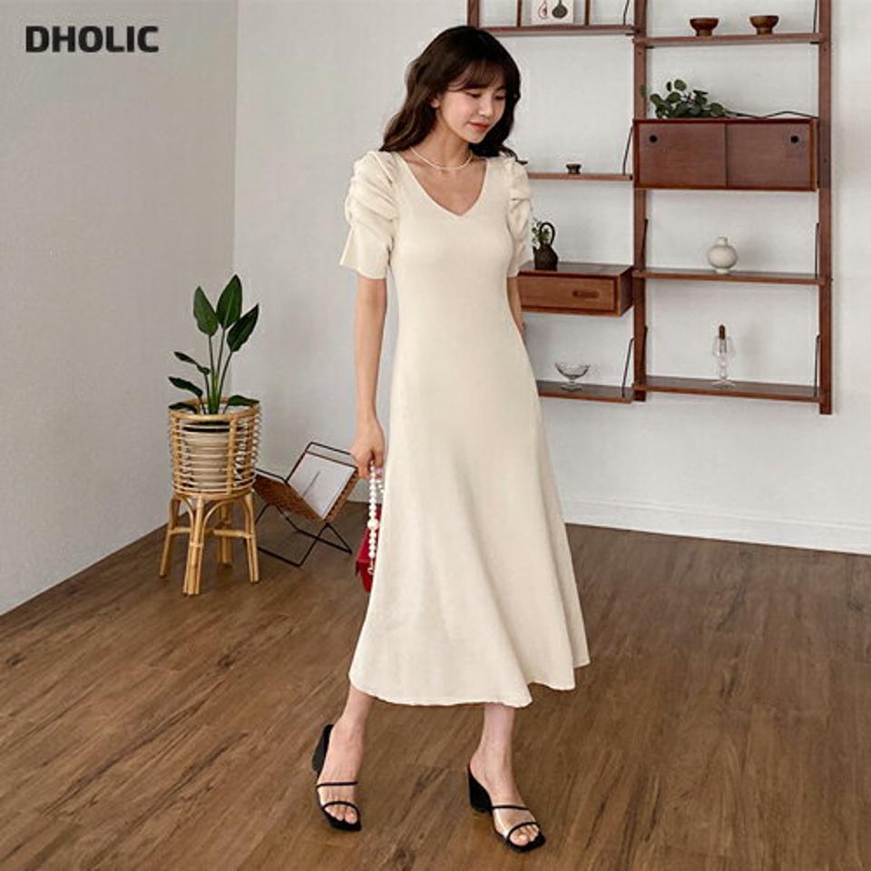 Vネックパフニットワンピース・全2色・b65189 レディース 【ops】 韓国 ファッション ワンピース ロング ロングワンピース 半袖 ニット Vネック フィット ギャザー リブ 5分丈袖 ベーシック スリム ゆったり カジュアル 体型カバー 夏 春