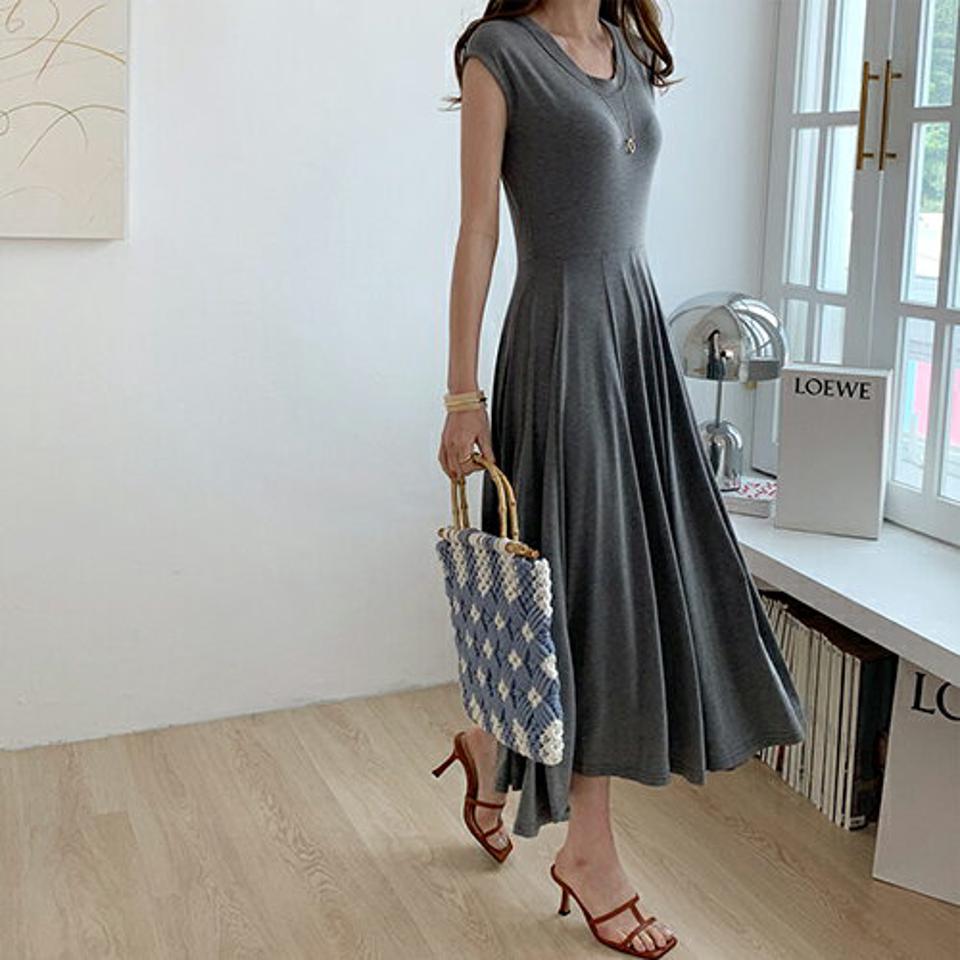 フレアフレンチスリーブワンピース・全3色・b68399 レディース 【ops】 ワンピース ロング フレンチスリーブ ショートスリーブ フレア 単色 無地 シンプル カジュアル ラフ 春 夏 ハイホリHIHOLLI
