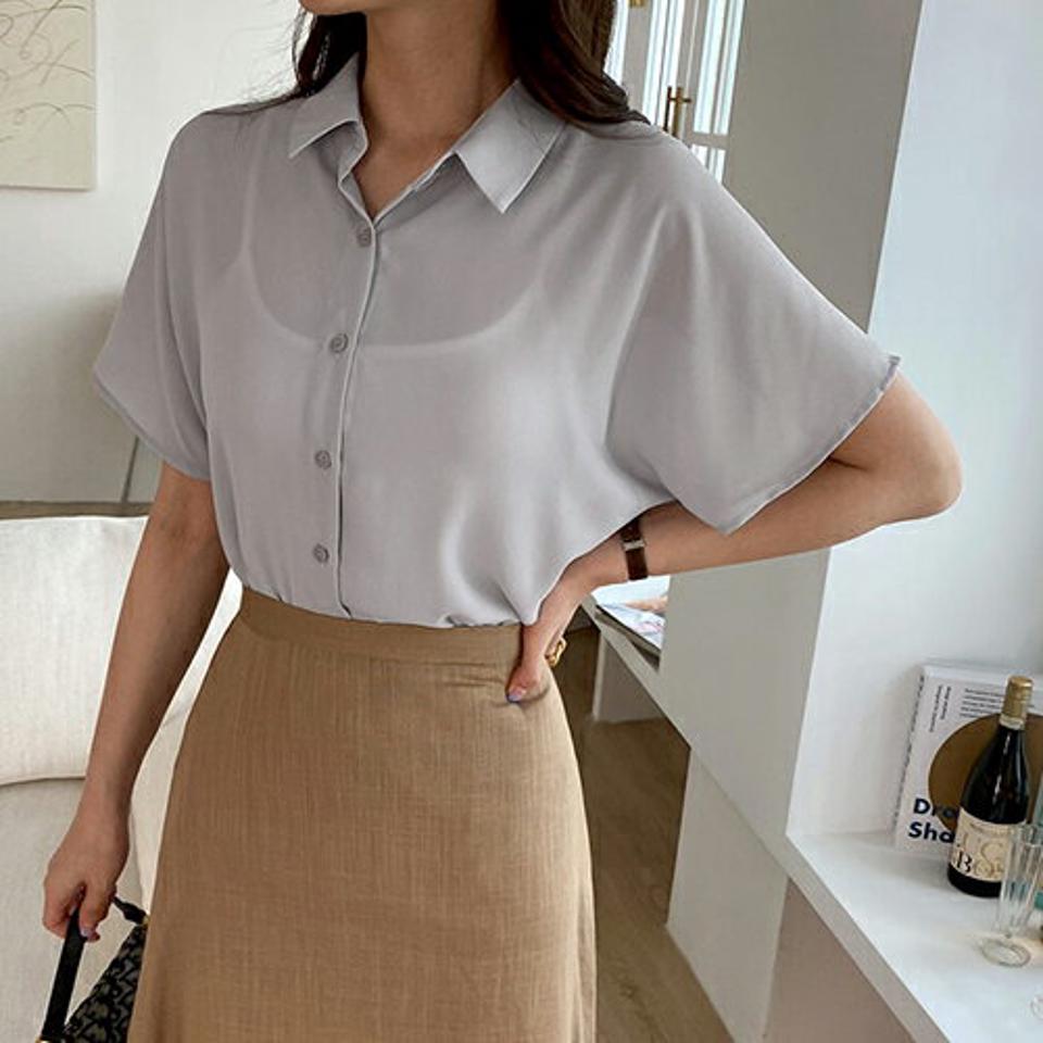 フレアスリーブボタンカラーブラウス・全3色・t68387 レディース 【bl】【トップス ブラウス 半袖 フレアスリーブ 単色 無地 シンプル フェミニン 春 夏】【ハイホリHIHOLLI】