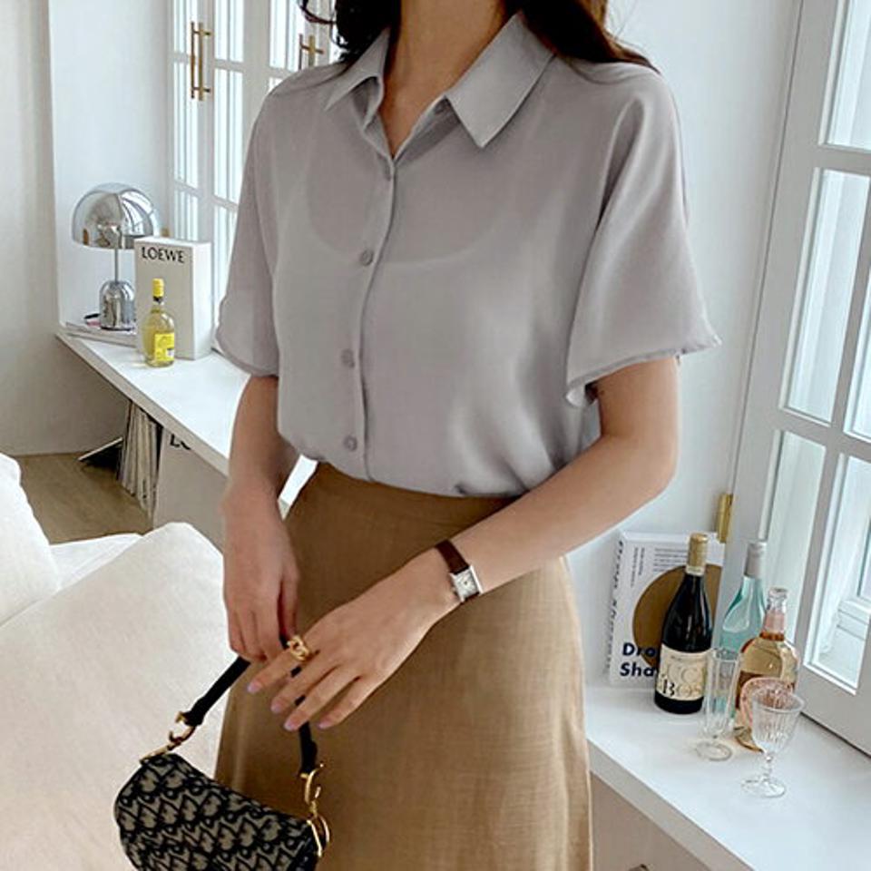 フレアスリーブボタンカラーブラウス・全3色・t68387 レディース 【bl】【トップス ブラウス 半袖 フレアスリーブ 単色 無地 シンプル フェミニン 春 夏】【ハイホリHIHOLLI】