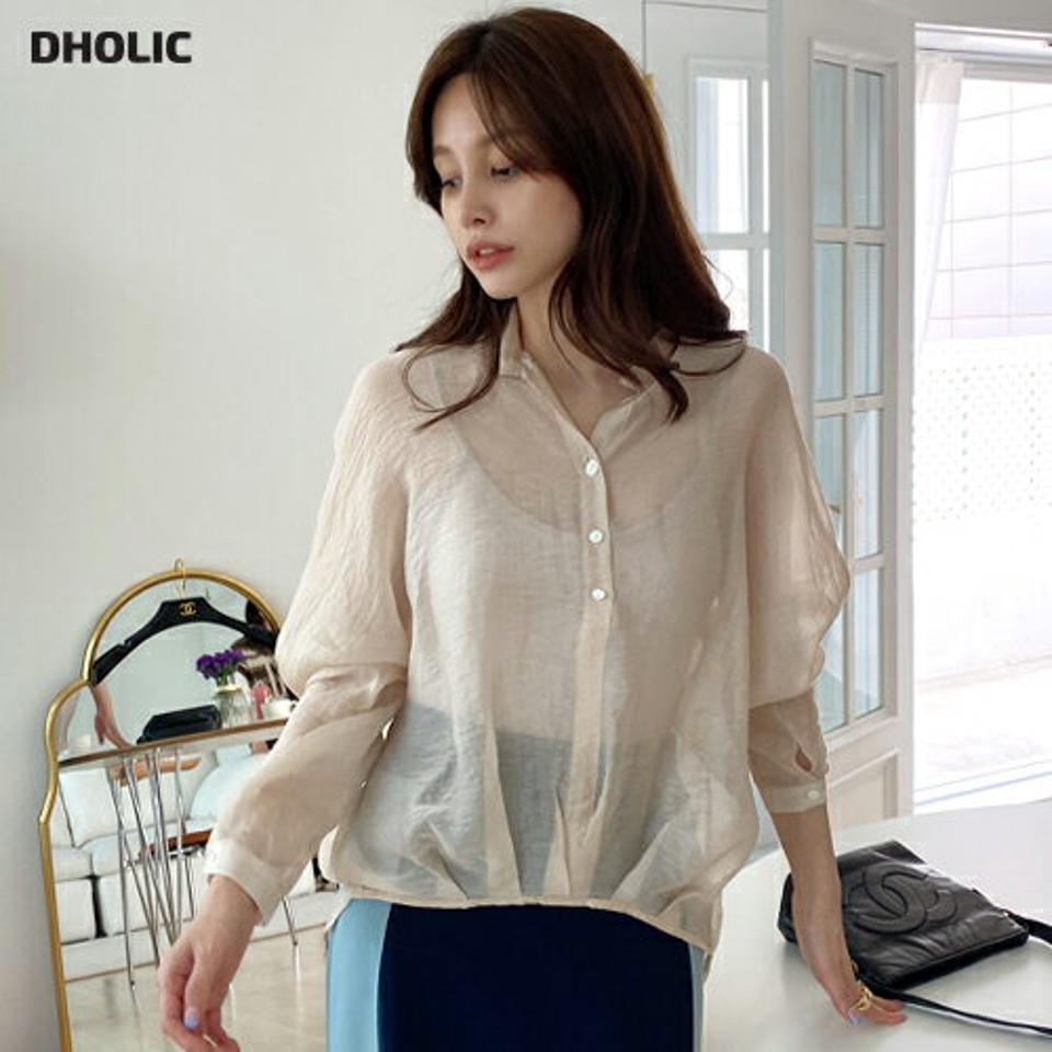 ハーフボタンタックへムブラウス・全2色・t68400 レディース 【bl】 トップス ブラウス 長袖 タック ハーフボタン 単色 無地 シンプル アンバランス 光沢 透け感 春 秋 ハイホリHIHOLLI
