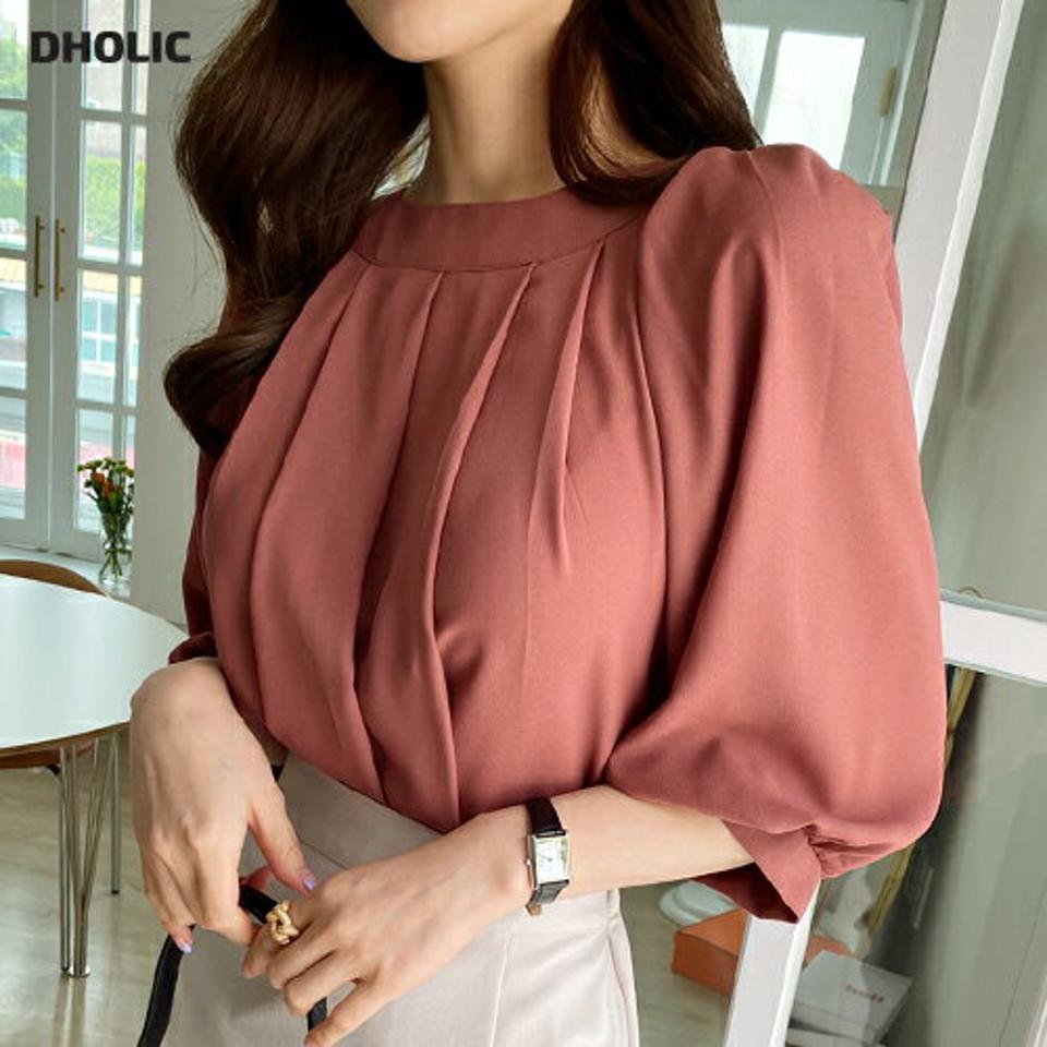 ラウンドタックブラウス・全3色・b68403 レディース 【bl】 トップス ブラウス タック 七分丈 七分袖 7分丈 7分袖 単色 無地 シンプル 春 秋 ハイホリHIHOLLI